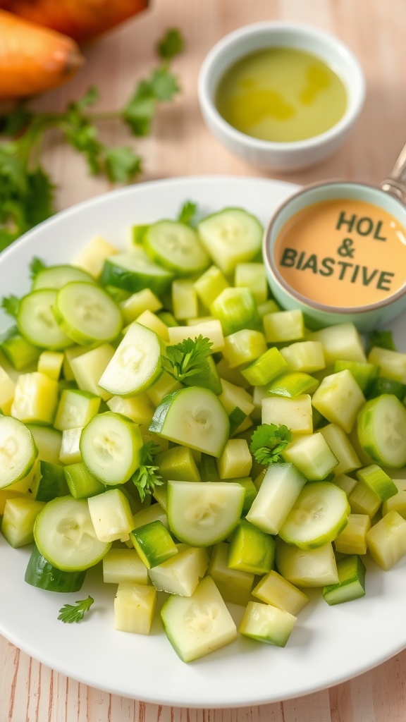 Refreshing Cucumber and Celery Snack Recipe A colorful plate of cucumber and celery snack with low-calorie dressing on a wooden table.
